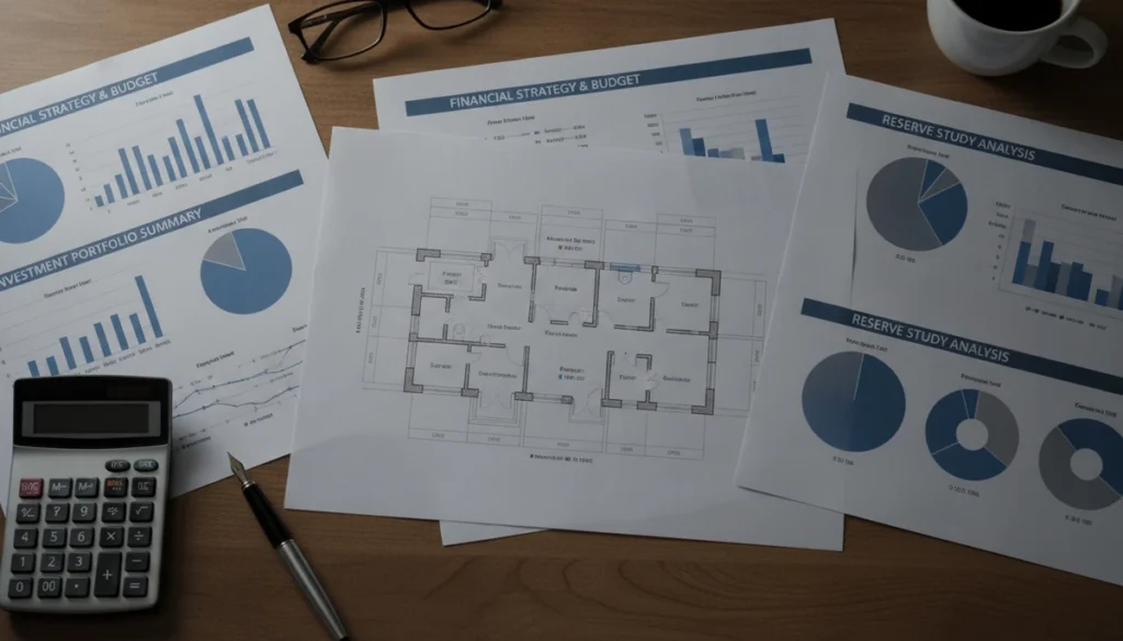 Document with financial charts and community building representing HOA assessment planning